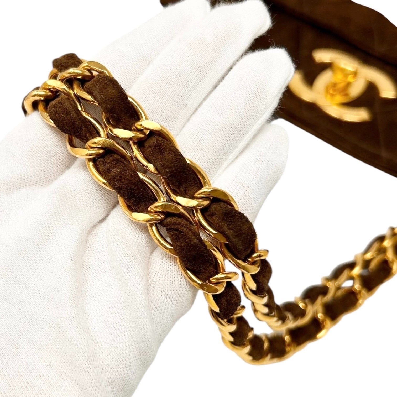 CHANEL Vintage CC Logo Matelasse Chain Shoulder Bag Turnlock Brown Gold Suede