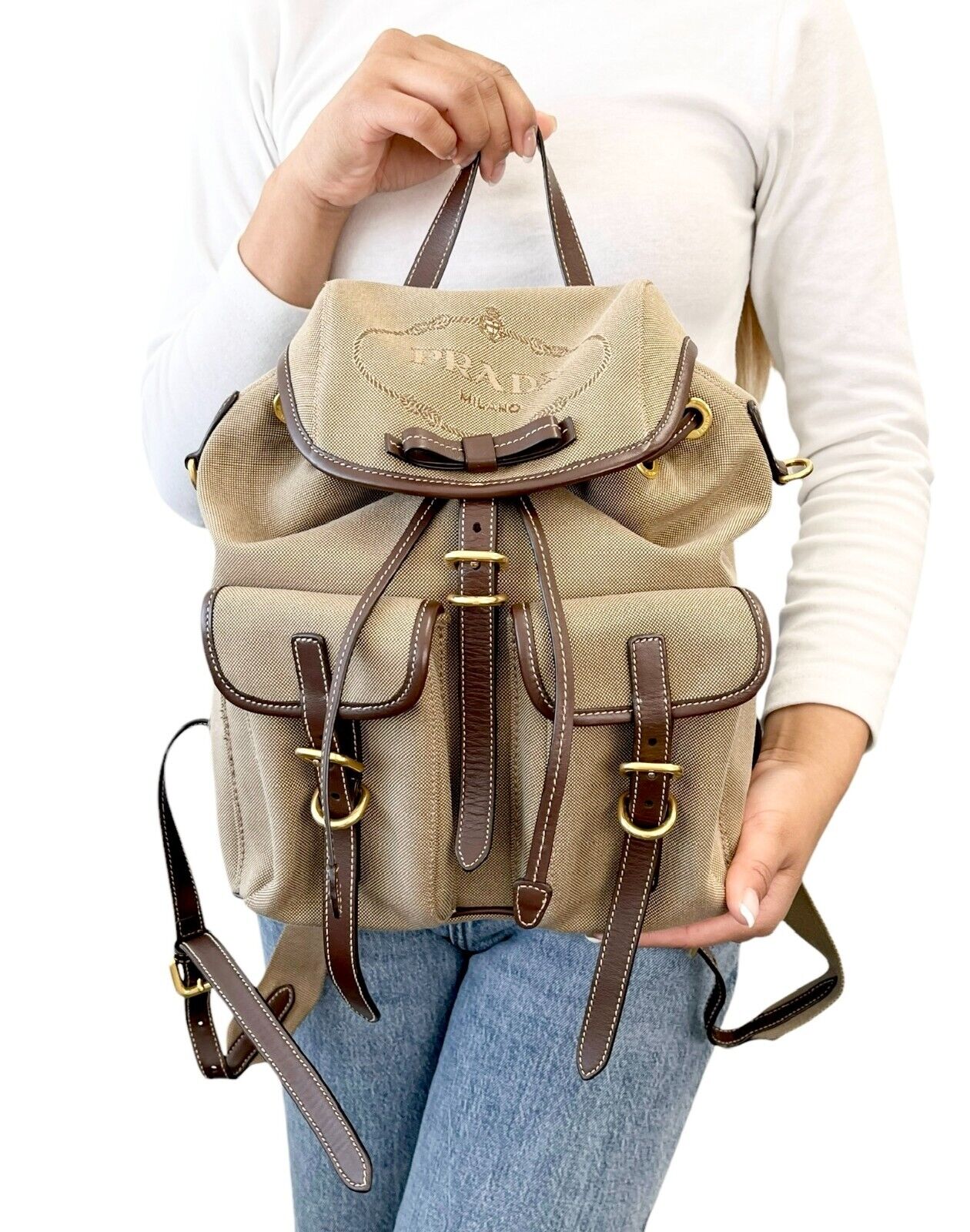 PRADA Vintage Logo Jacquard Backpack Brown Gold Canvas Leather Magnetic Zip