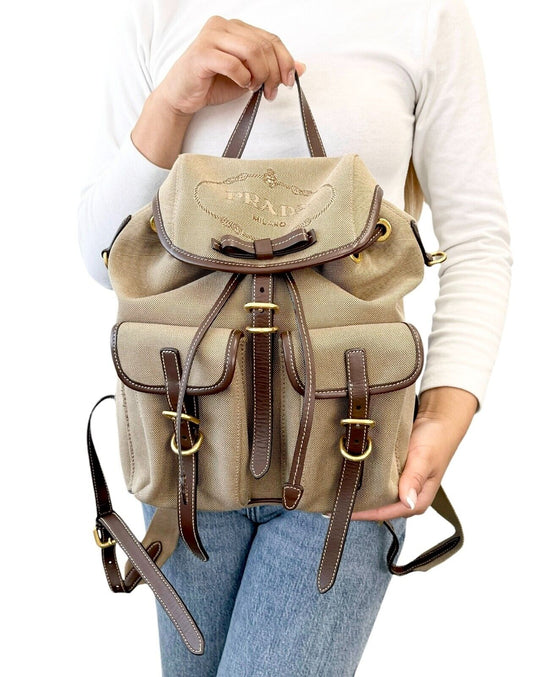 PRADA Vintage Logo Jacquard Backpack Brown Gold Canvas Leather Magnetic Zip
