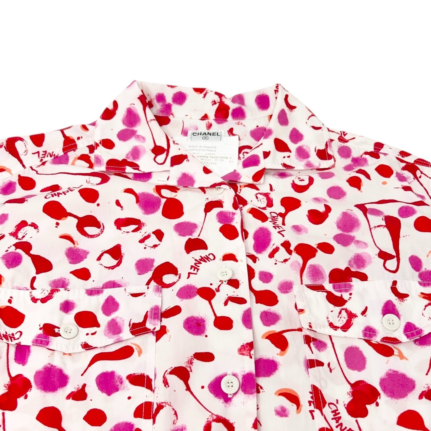 CHANEL Vintage PO6048 CC Logo Button Up Shirt Blouse Top #38 White Pink Cotton