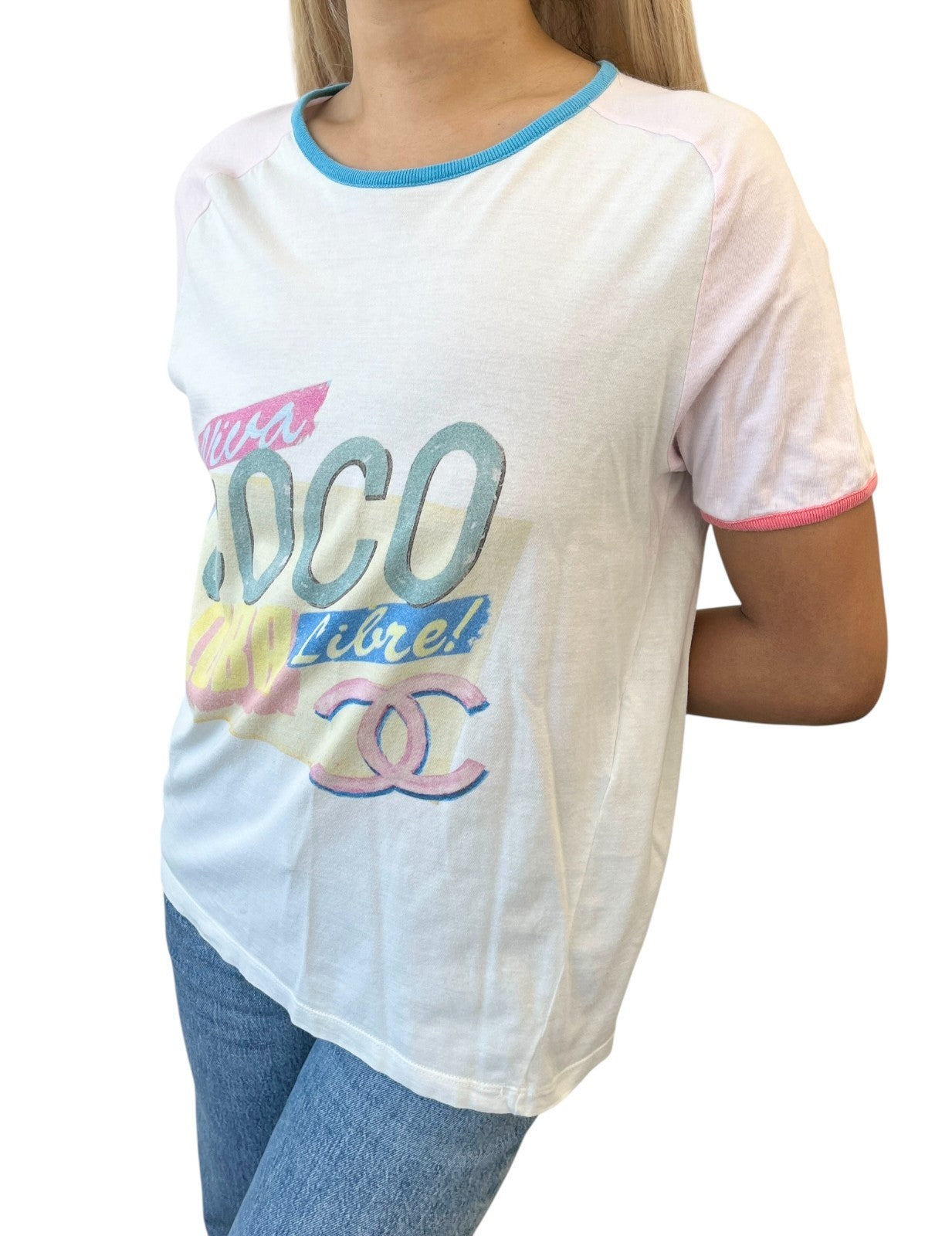 CHANEL Vintage C55838 CC Logo Viva Cuba Libre T-shirt Top #S White Pink Cotton