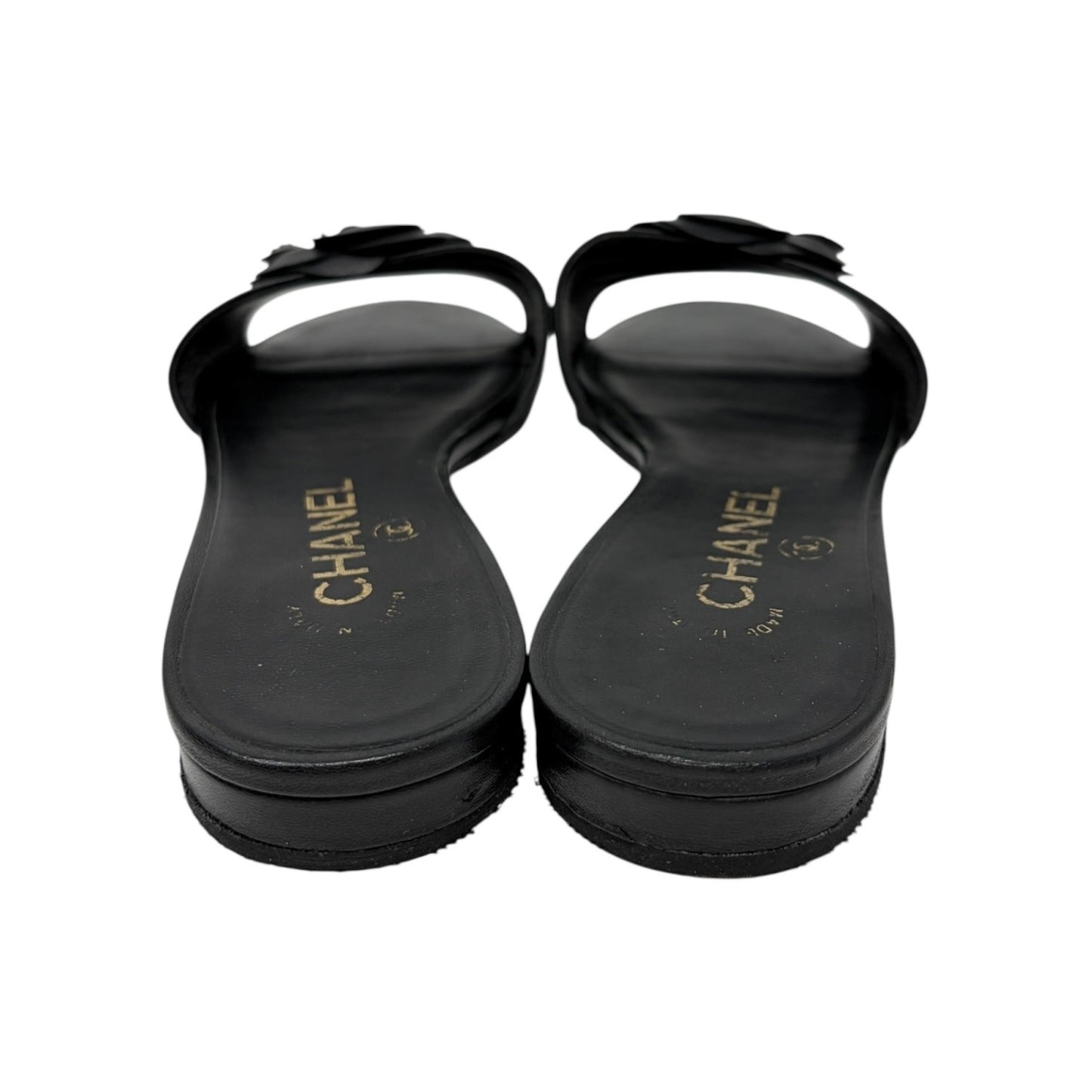 CHANEL Vintage CC Logo Camellia Leather Flat Slide Sandals #36.5 Black