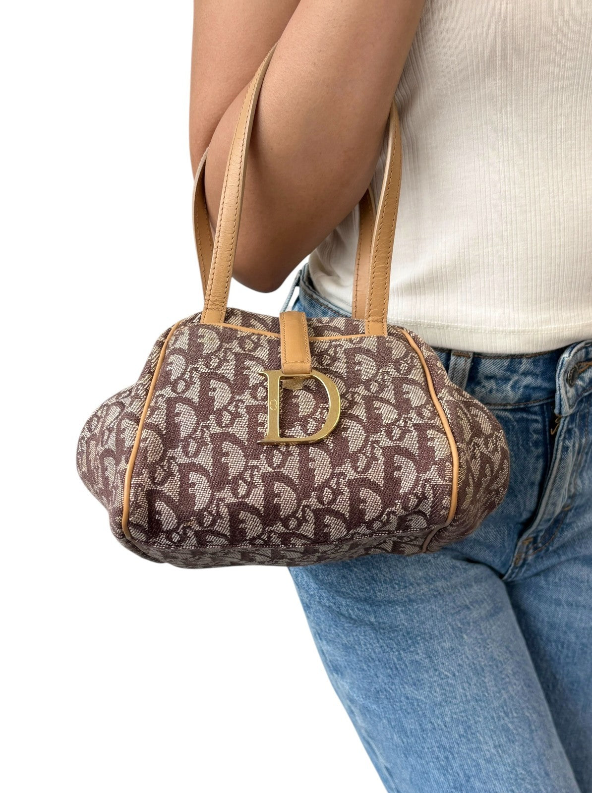 Christian Dior Vintage 2001 Trotter Monogram Mini D Charm Bag Handbag Beige