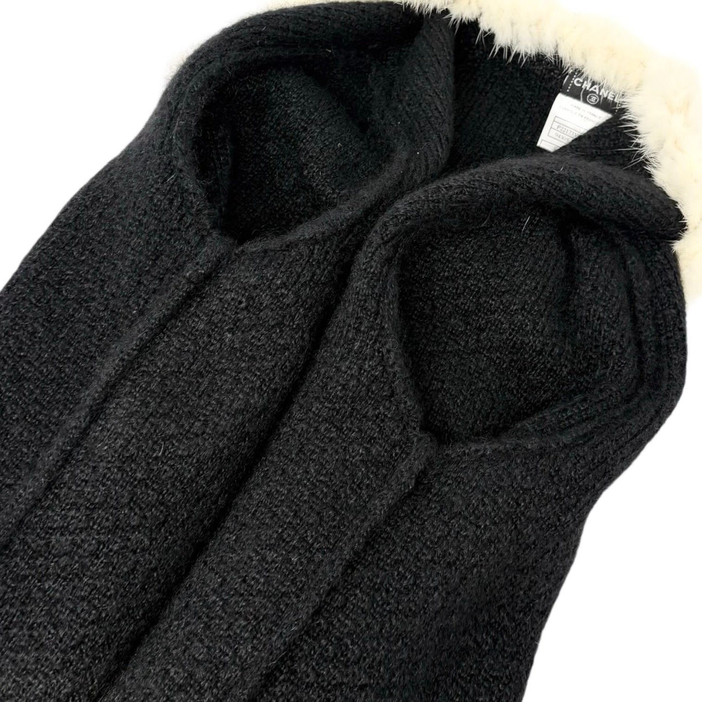 CHANEL Vintage 03A CC Logo Button Fur Trim Knit Jacket #42 Black White Mohair