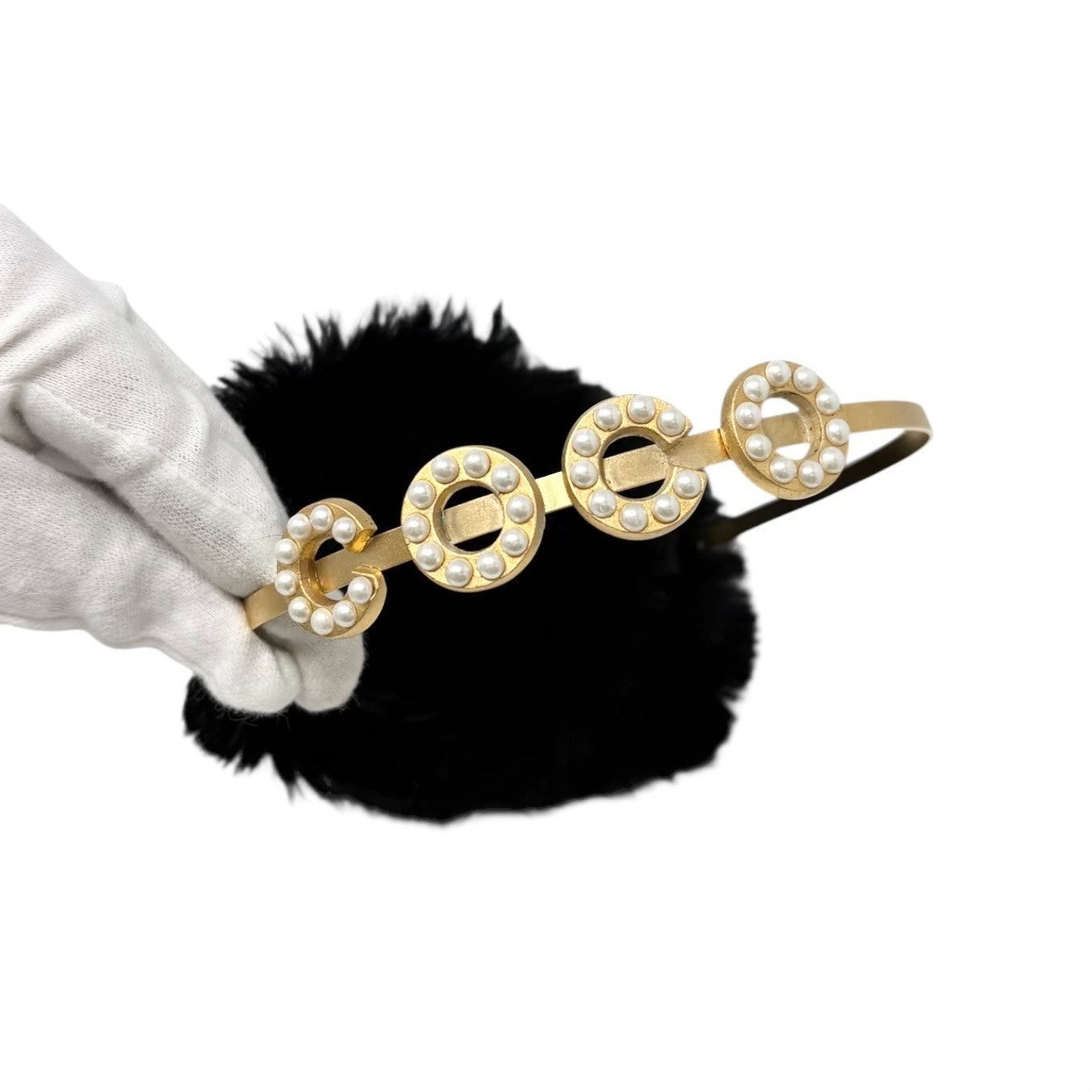 CHANEL Vintage 01A Pearl CC Mark Logo Fur Earmuffs Black Gold White