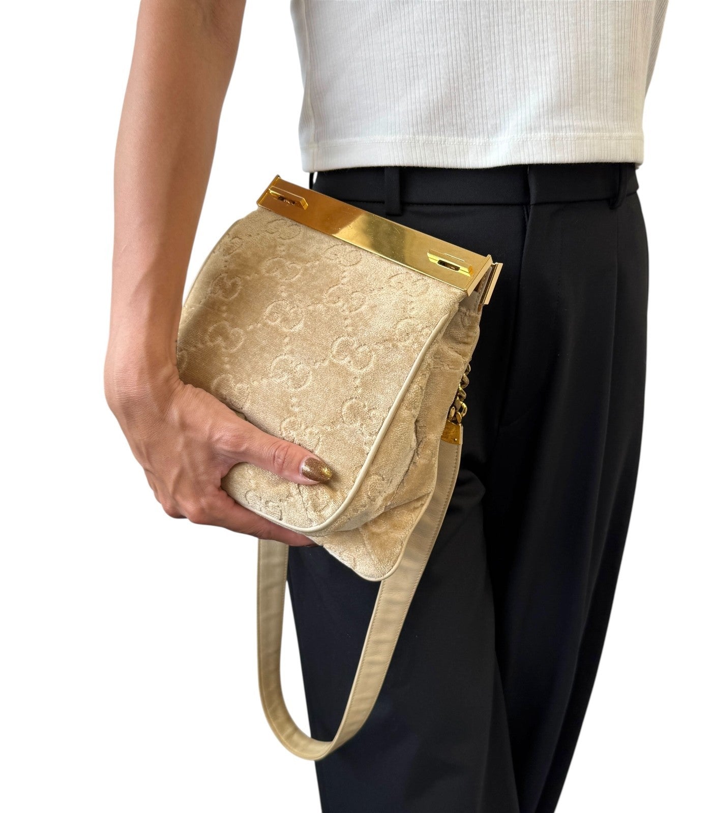 GUCCI Vintage GG Monogram Logo Shoulder Bag Crossbody Cream Gold Velour Leather