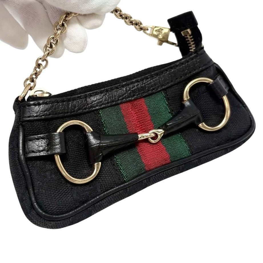 GUCCI Vintage GG Web Strip Horsebit Micro Pouch Coin Purse Black Silver 902279