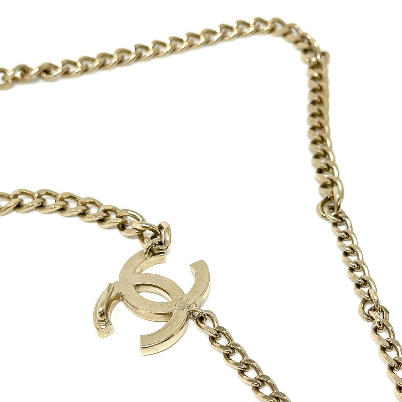 CHANEL Vintage 05V CC Logo Chain Belt Accessory Metal Gold White Charm Rank AB