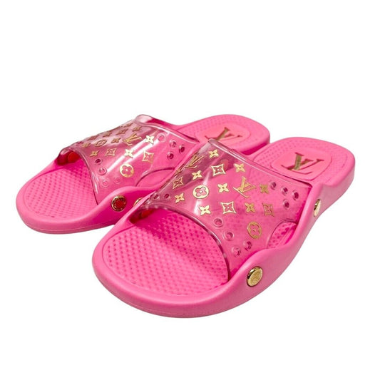 LOUIS VUITTON Vintage Lv Logo Monogram Beach Sandals #36-36.5 Pink Gold Rubber