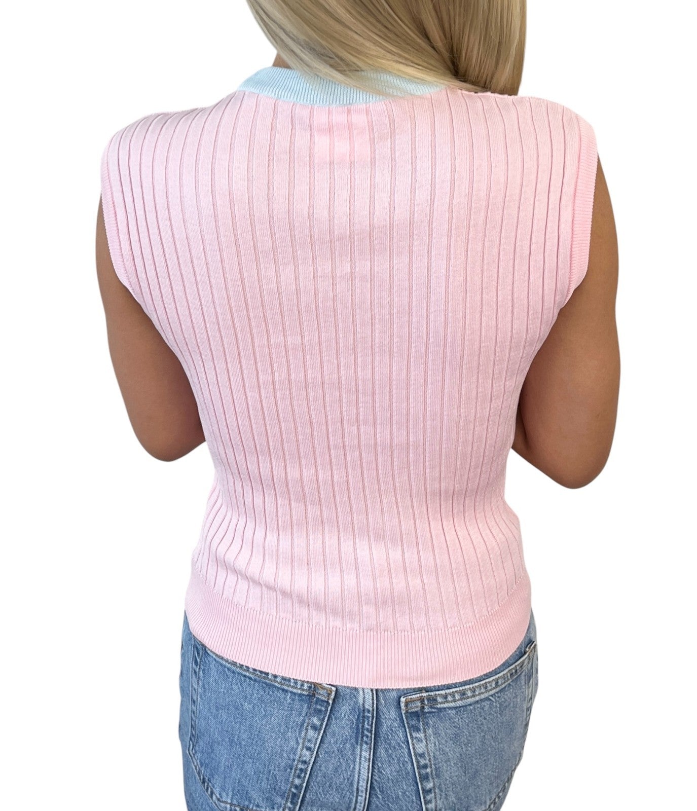 CHANEL Vintage 97P CC Logo Rib Knit Tank Top #40 Pink Blue Cotton Colorblock