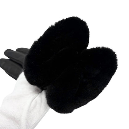HERMES Vintage Kelly Padlock Cadena Fur Trim Leather Gloves #7.5 Black 902001