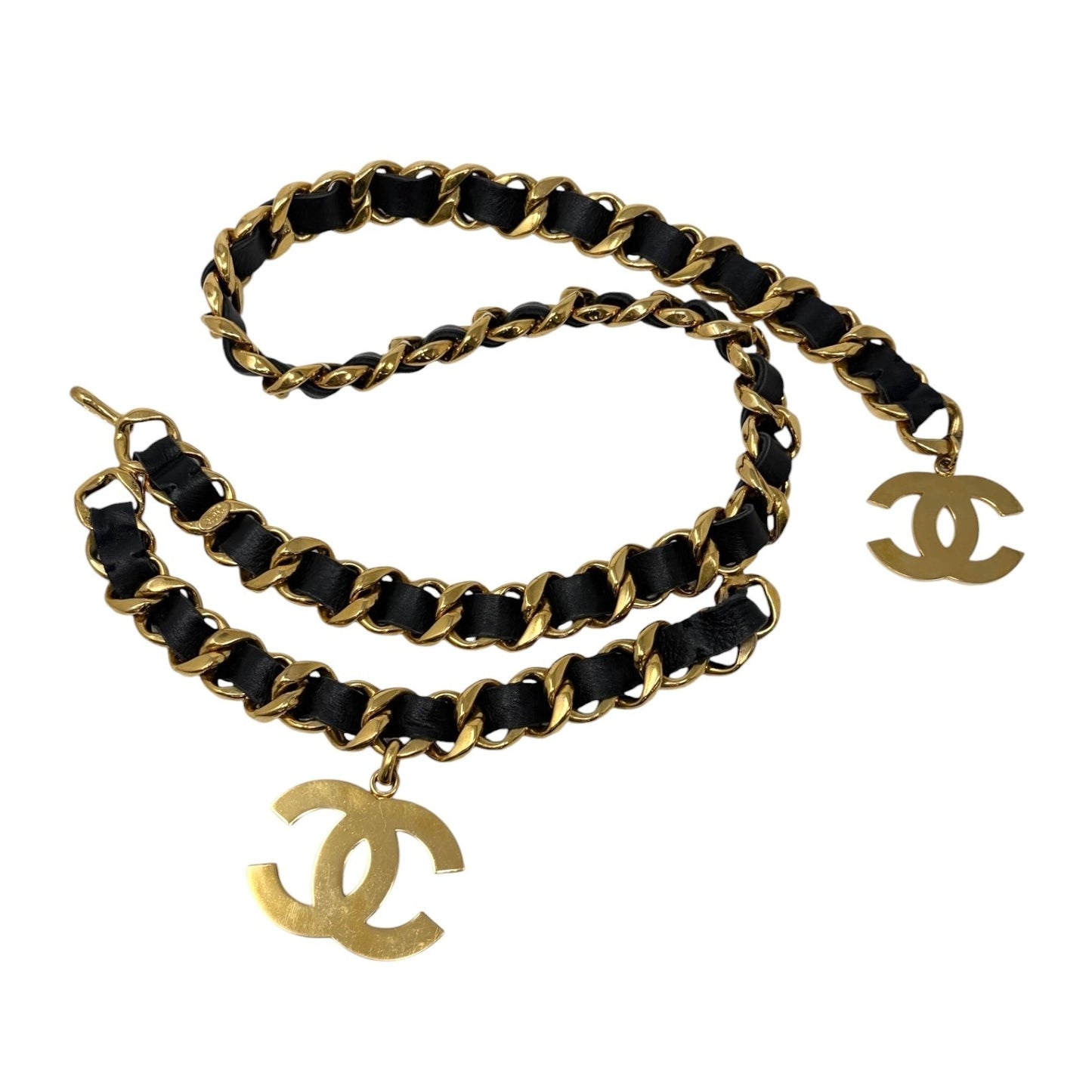 CHANEL Vintage 93A Double CC Logo Leather Chain Belt Black Gold Metal 902577