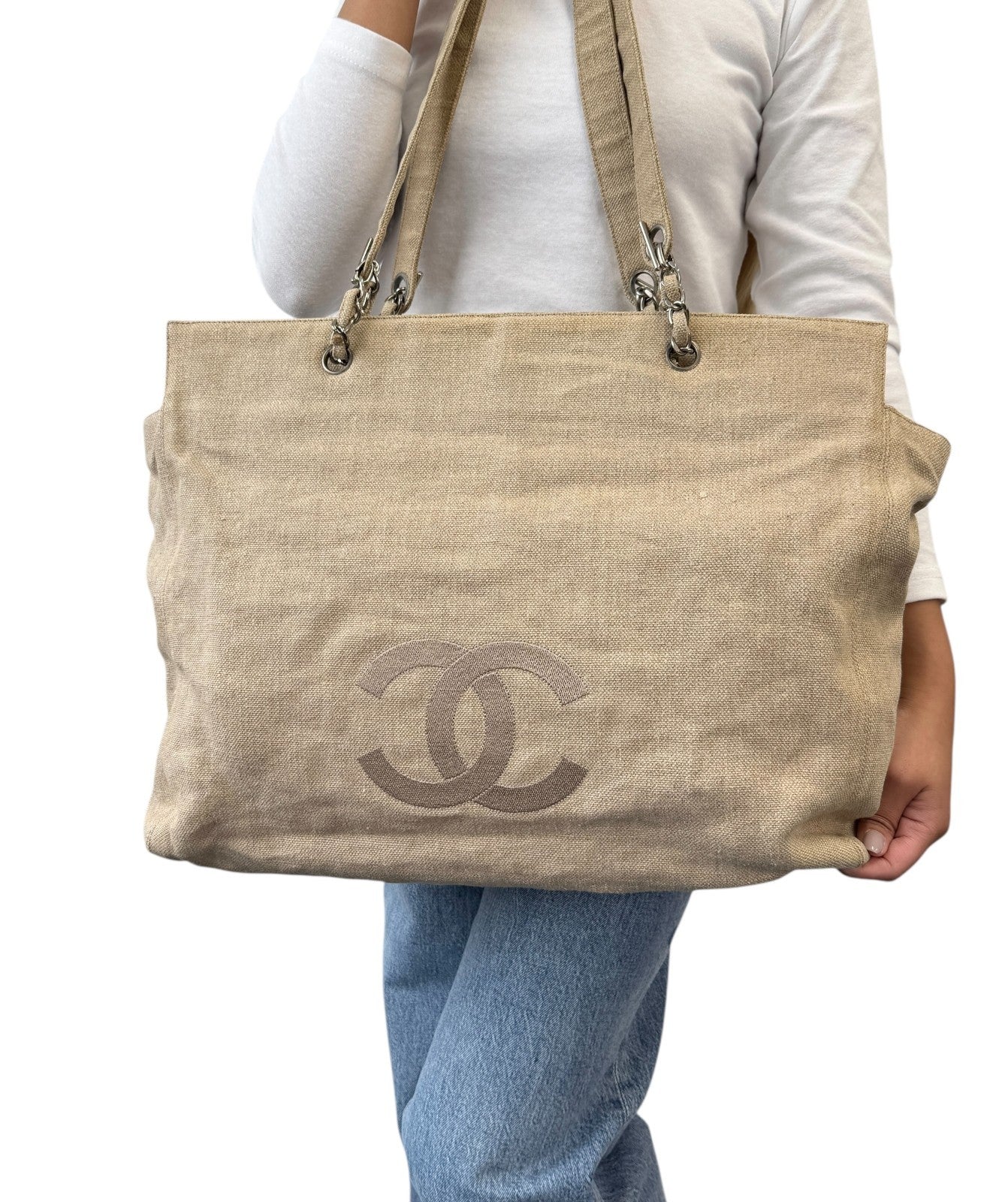 CHANEL Vintage CC Big Logo Shoulder Tote Large Bag Beige Canvas Linen Leather