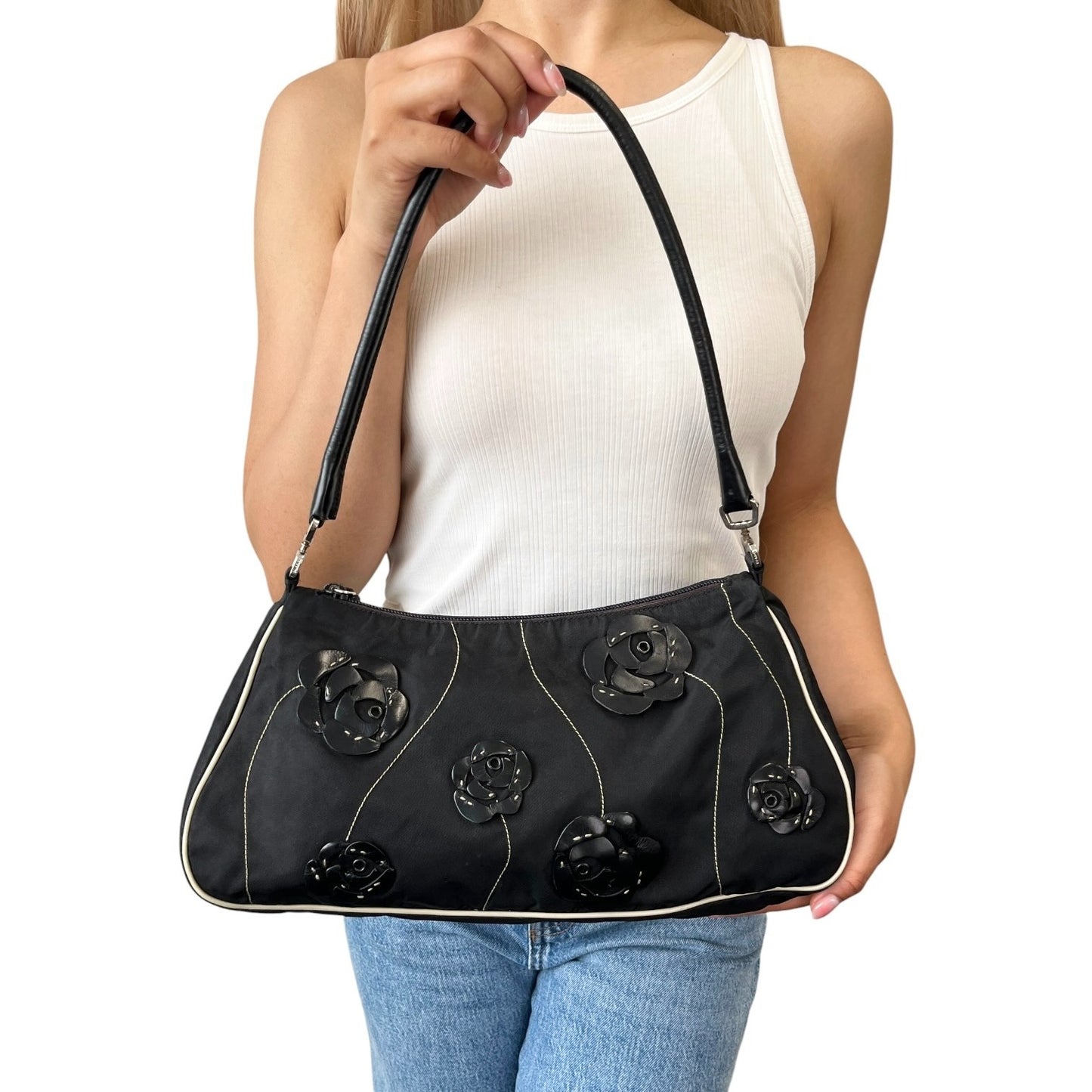 PRADA Vintage Triangle Logo Rose Flower Shoulder Bag Black Nylon Zip 902681
