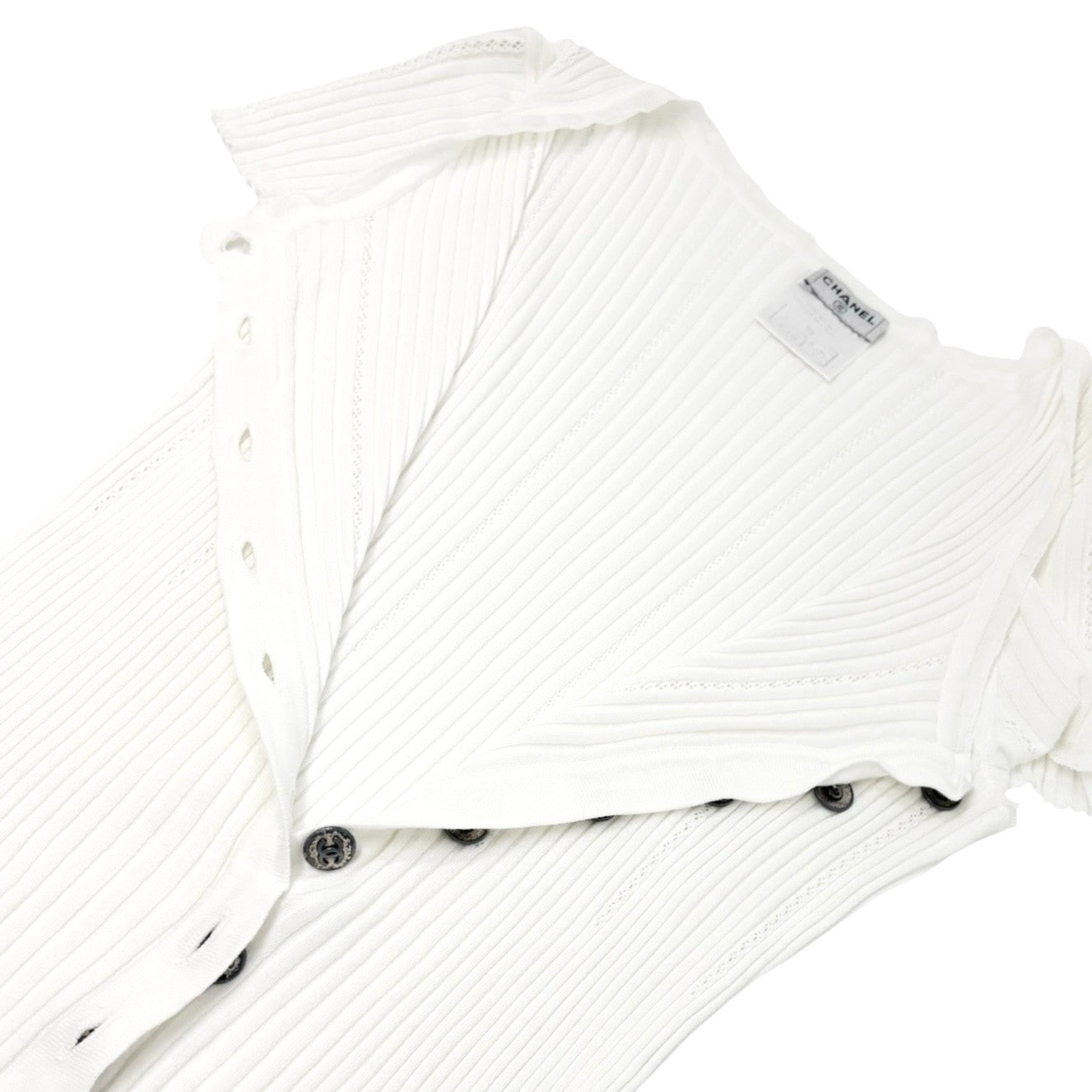 CHANEL Vintage 08P CC Mark Logo Rib Knit T-shirt Top #38 White Gray Cotton