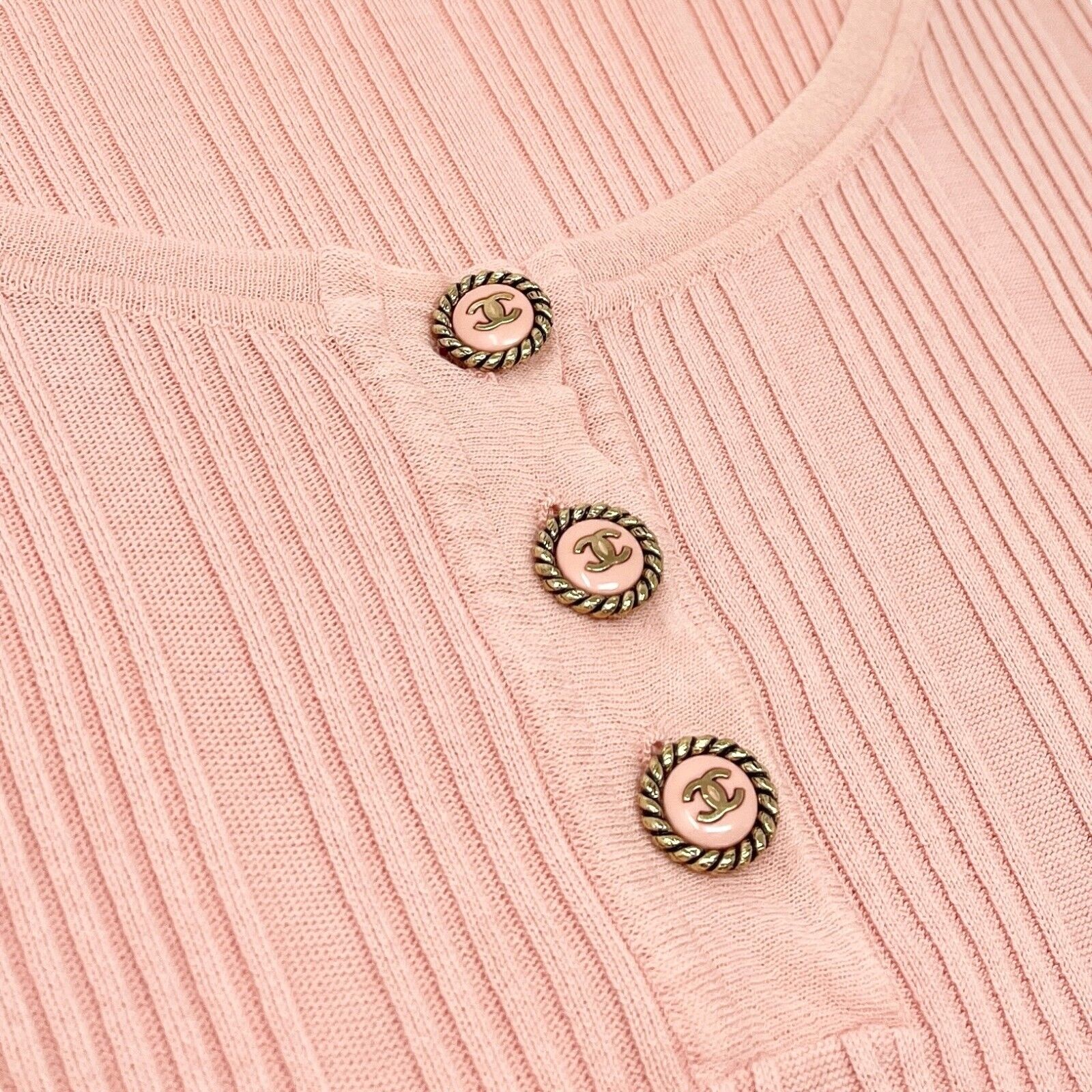 CHANEL Vintage 07P CC Logo Rib Knit Top #46 T-shirt Pink Gold Cotton Rank AB