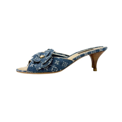 LOUIS VUITTON Vintage LV Monogram Denim Flower Heels Sandals #37 Blue Gold