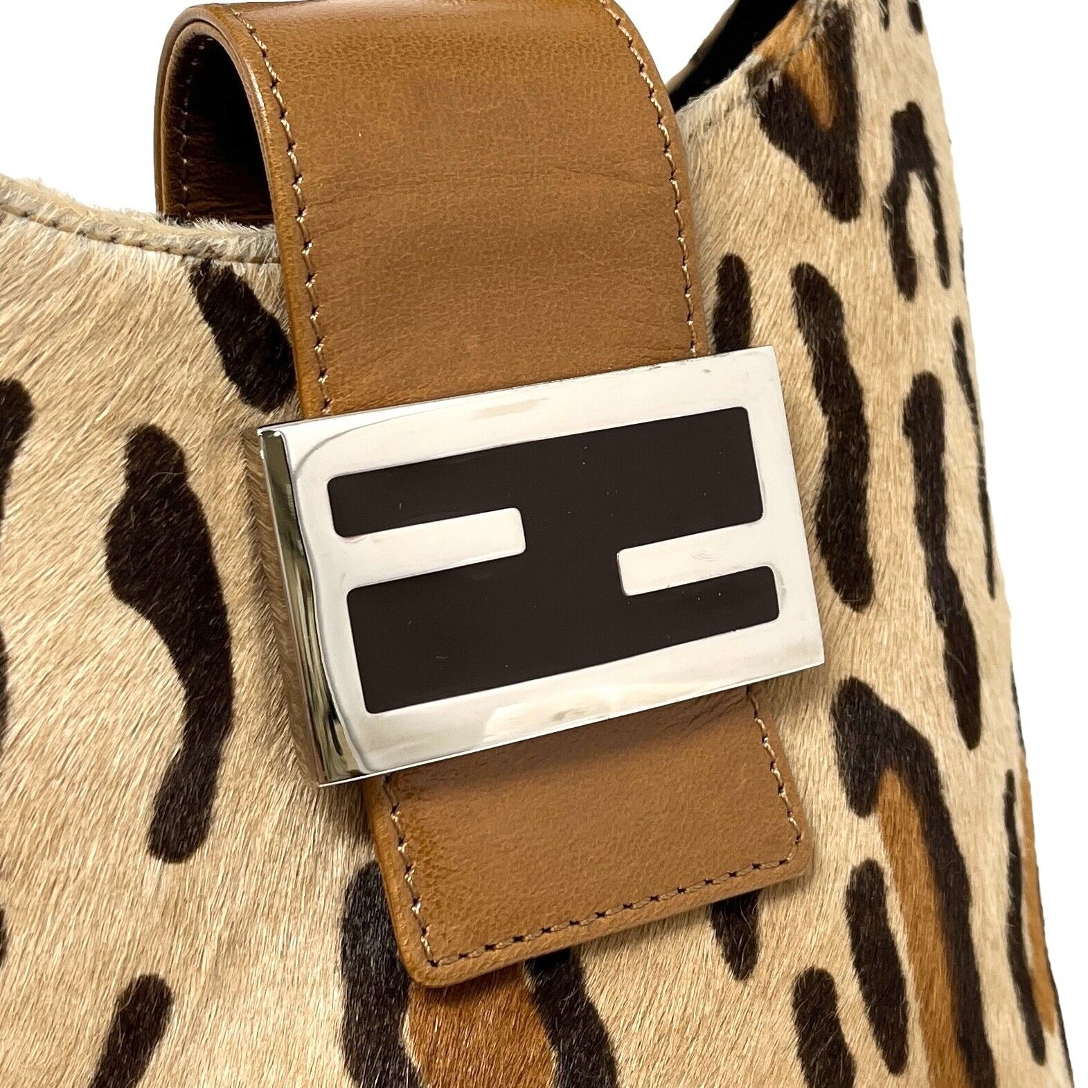 FENDI Vintage FF Logo Animal Print Mini Shoulder Bag Calf Hair Beige Rank AB