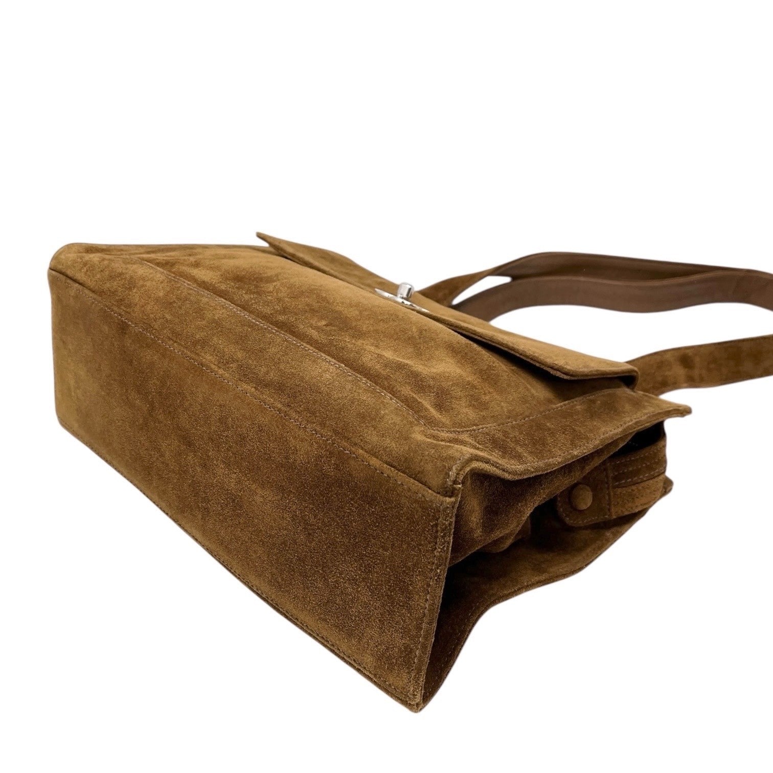 CHANEL Vintage CC Mark Logo Turnlock Tote Shoulder Bag Brown Silver Suede