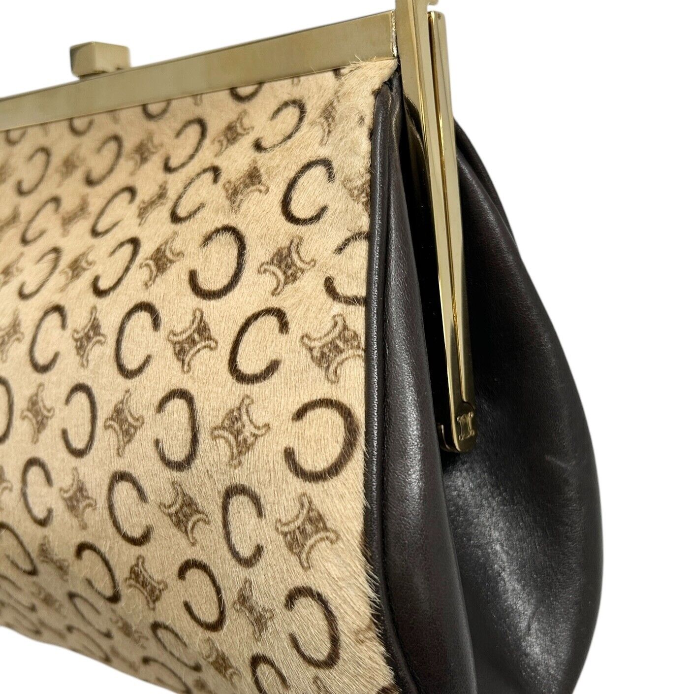 CELINE Vintage Macadam Monogram Logo Shoulder Bag Beige Brown Calf Hair Leather