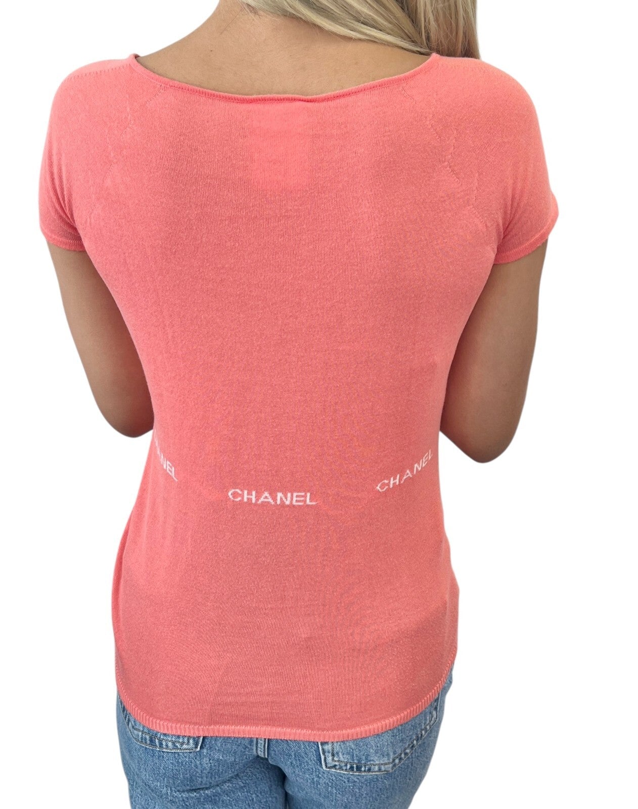 CHANEL Vintage 04P CC Logo Knit Top #38 Pink Orange Short Sleeve Round Neck