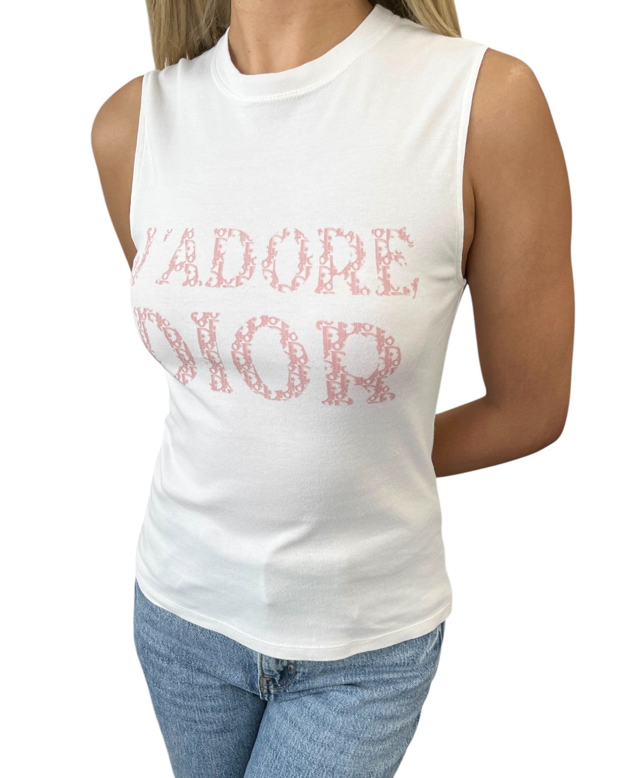Christian Dior Vintage 2004 J'ADORE Logo Trotter Tank Top #36 White Pink