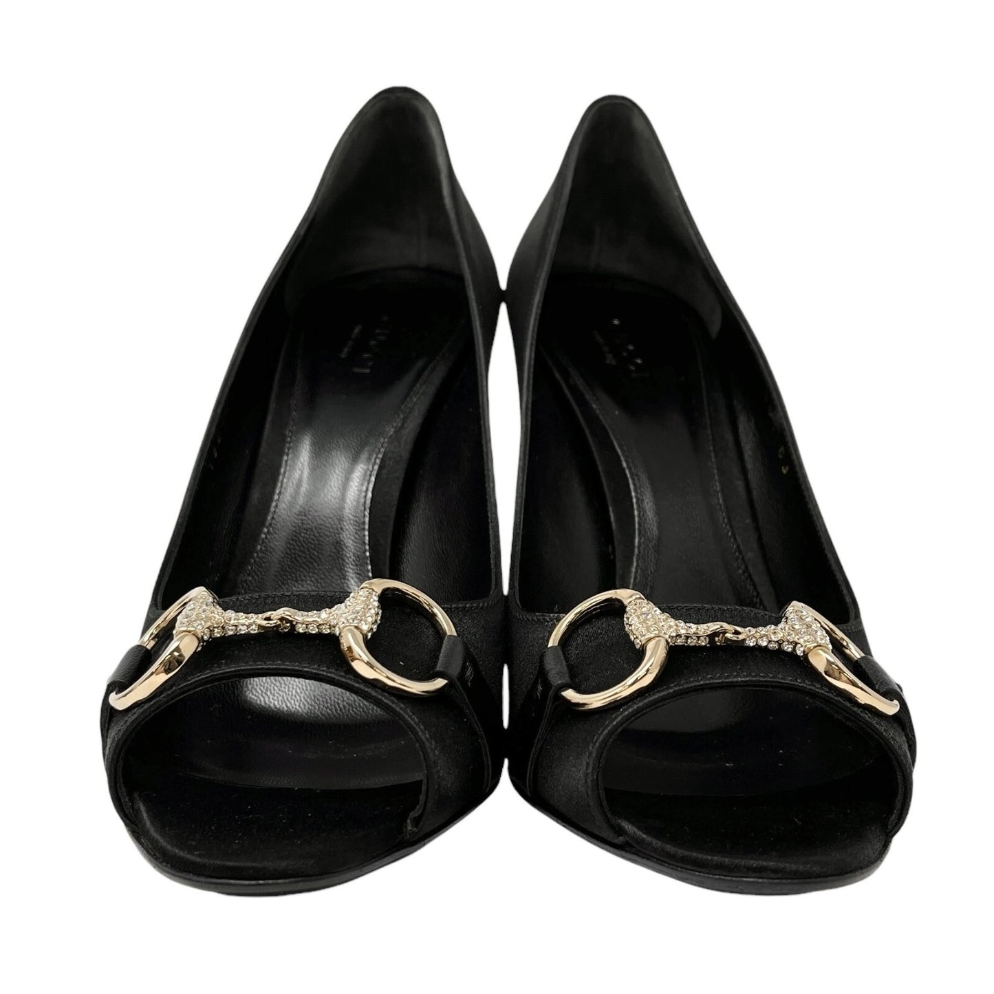 GUCCI Vintage Logo Horsebit Heels #38.5 US 8.5 Black Rhinestone Satin Rank AB+