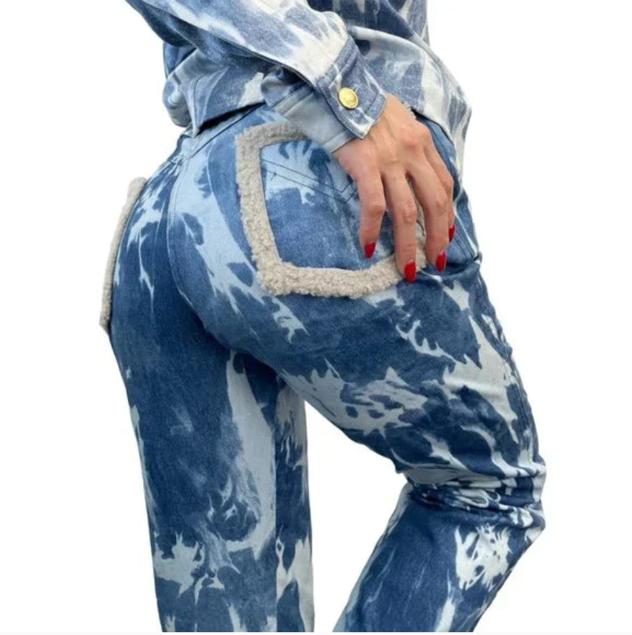 Christian Dior Vintage 2000 Galliano Jacket Pants Set #38 Tie-Dye Blue Gold