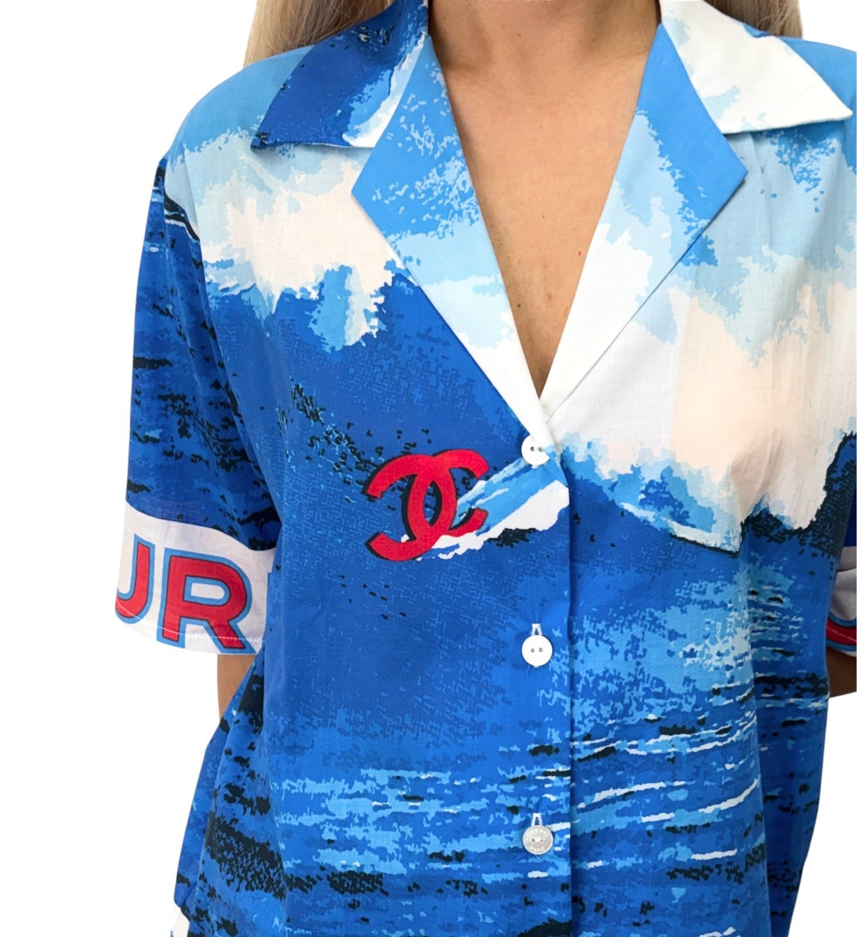CHANEL Surf Vintage 02S CC Logo Aloha Shirt Top #36 Blue White Cotton 902834