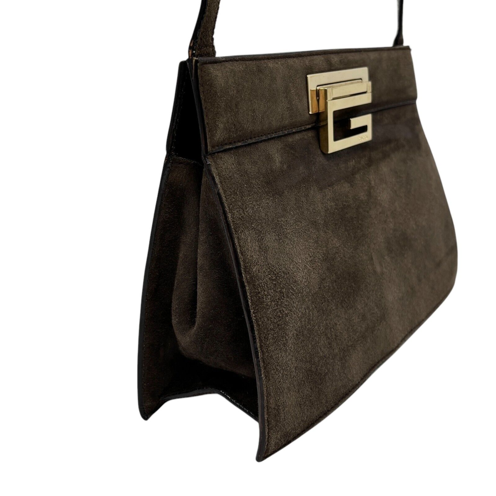 GUCCI Vintage G Square Logo Small Shoulder Bag Brown Gold Suede Leather