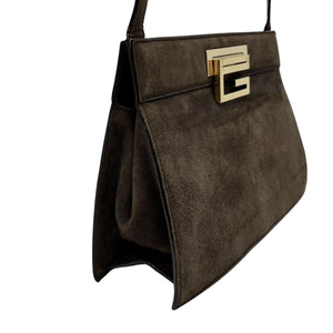 GUCCI Vintage G Square Logo Small Shoulder Bag Brown Gold Suede Leather