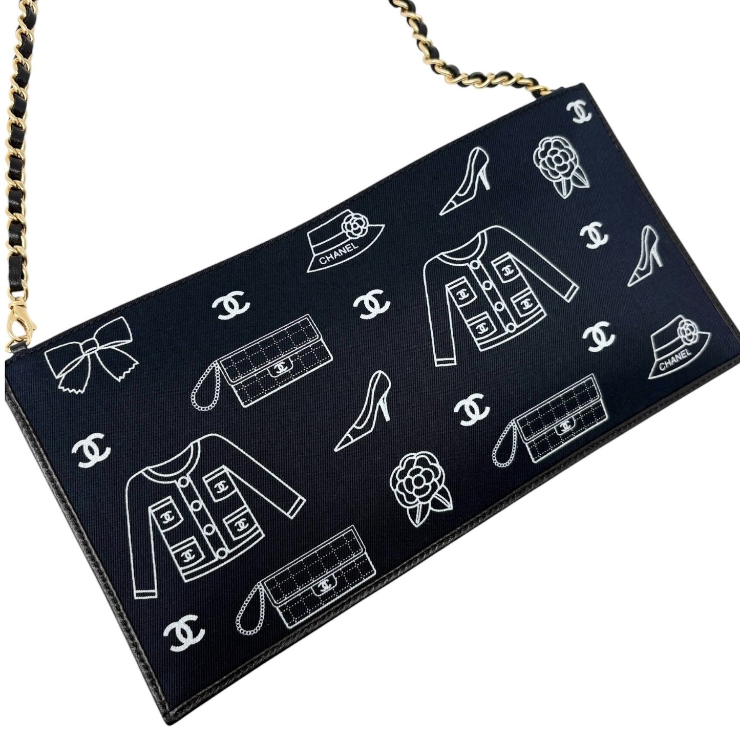 CHANEL Vintage CC Logo Icon Print Canvas Shoulder Bag Pochette Dark Blue Chain