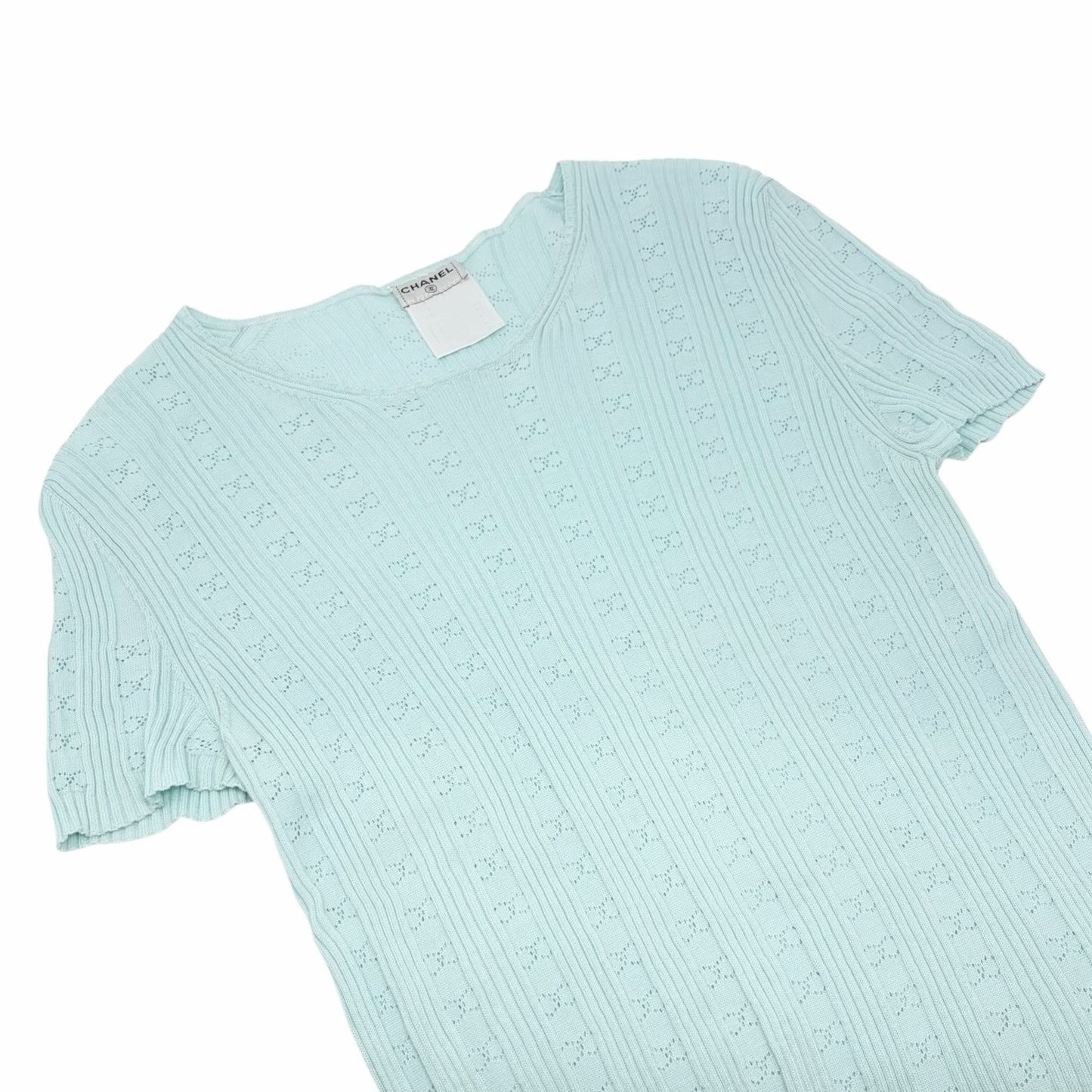 CHANEL Vintage CC Logo Rib Knit T-shirt Top Light Blue Cotton 901807