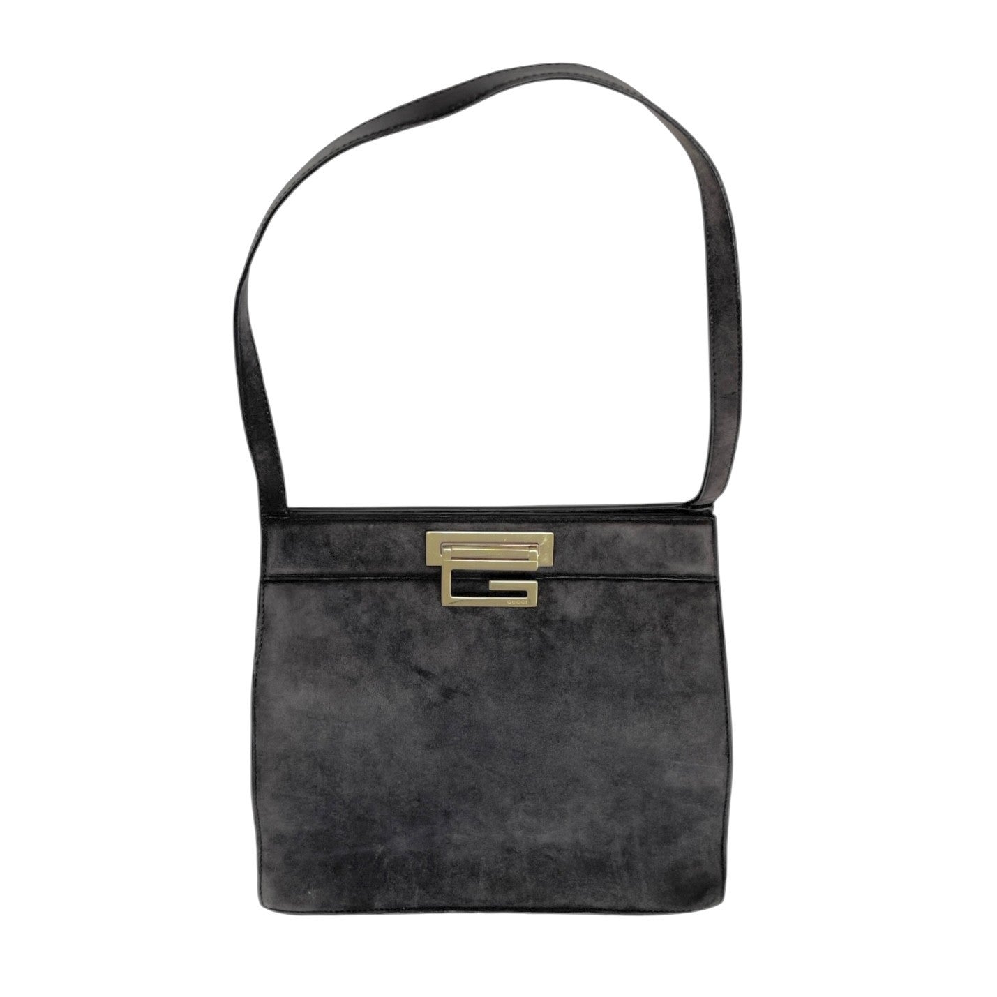 GUCCI Vintage G Square Logo Shoulder Bag Gray Gold Suede Leather