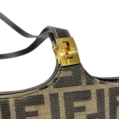 FENDI Vintage FF Zucca Monogram Canvas Shoulder Bag Brown Gold Leather 902063
