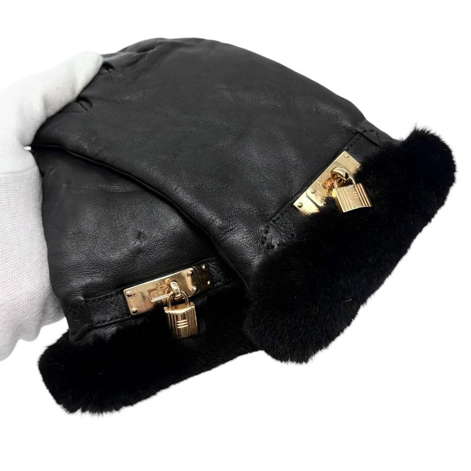 HERMES Vintage Kelly Padlock Cadena Fur Trim Leather Gloves #7.5 Black 902001