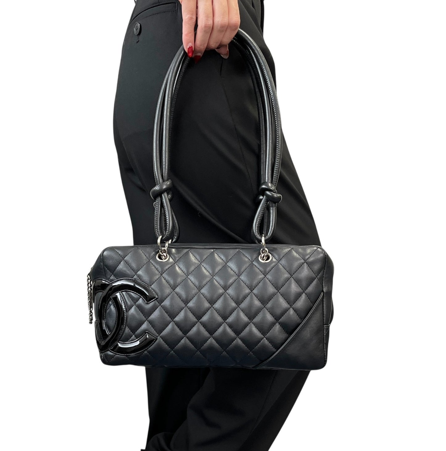 CHANEL Vintage CC Logo Cambon Line Shoulder Bag Black Silver Leather 902033