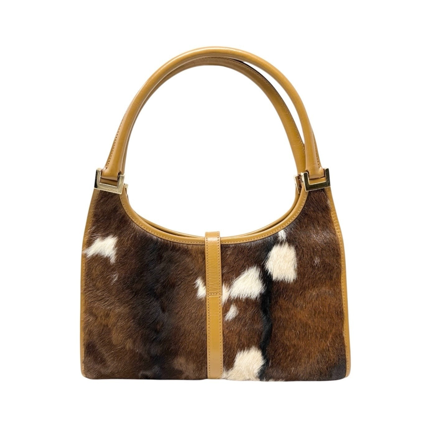 GUCCI Vintage Jackie Cow Pony Calf Hair Shoulder Bag Brown Gold Leather