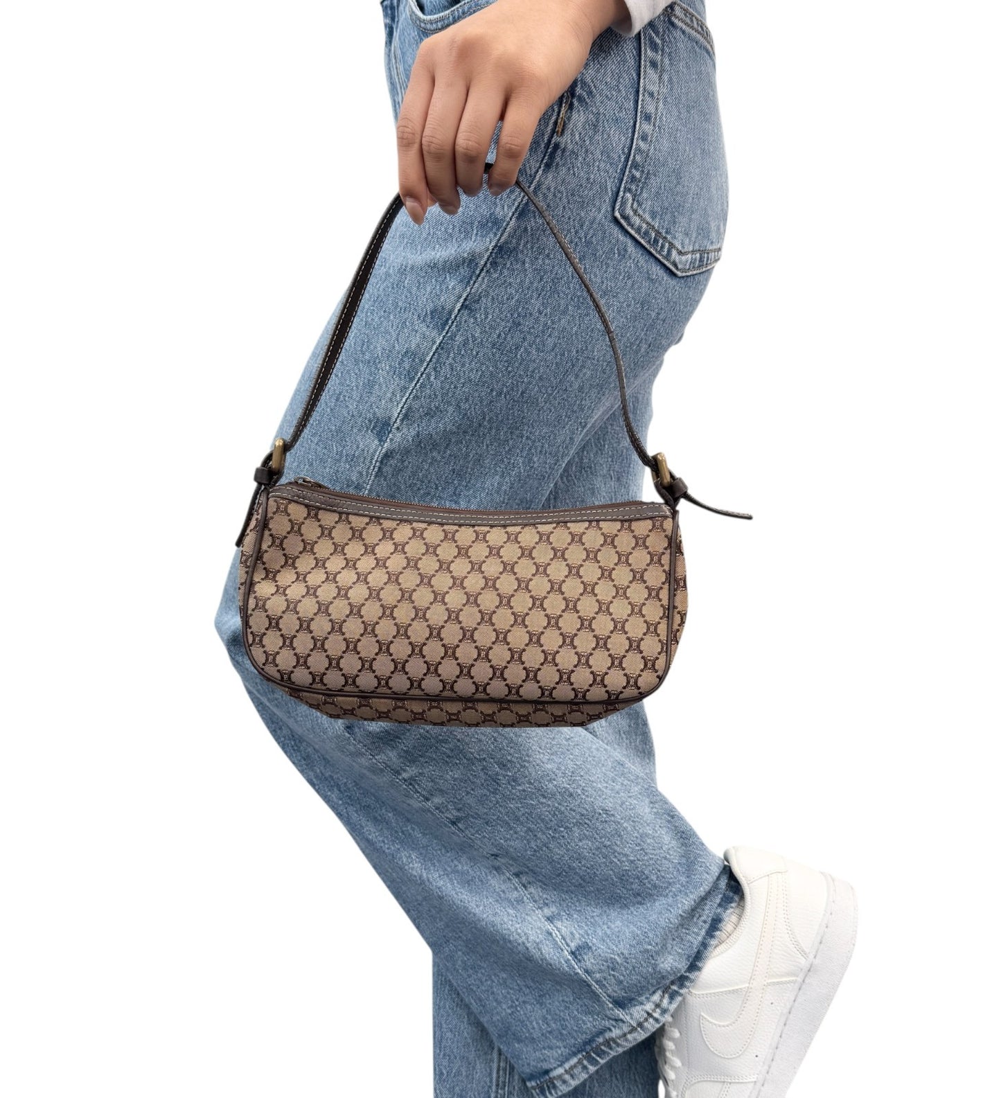 CELINE Vintage Macadam Monogram Shoulder Mini Bag Pochette Brown Canvas Leather