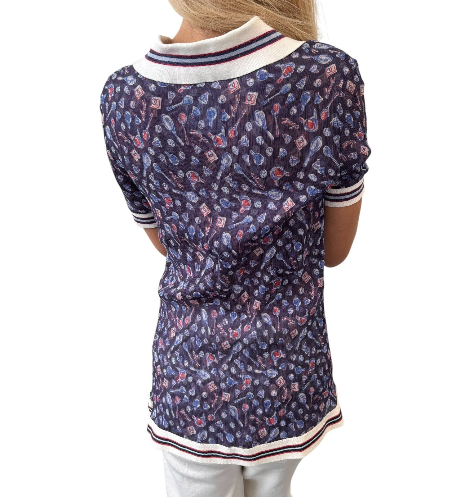 CHANEL Sport Vintage 06P Polo Shirt Top #34 Blue White Silk V-Neck Tennis