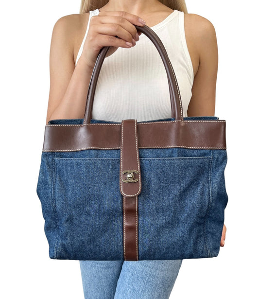 CHANEL Vintage CC Logo Denim Turnlock Tote Shoulder Bag Blue Brown Leather