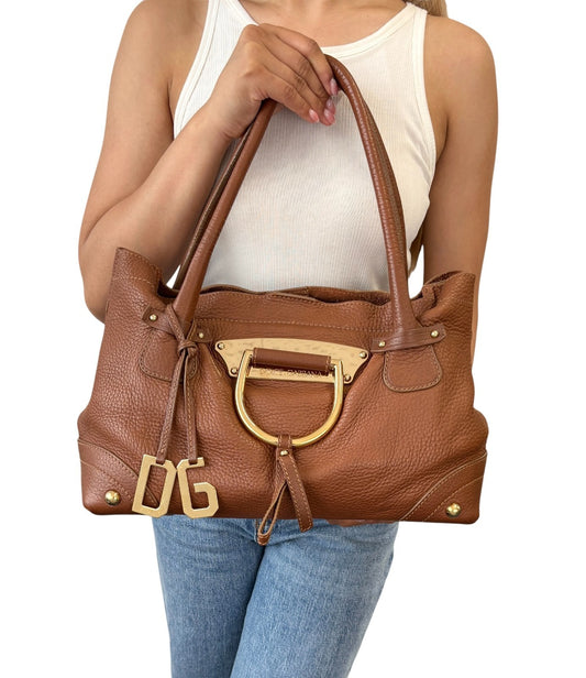 DOLCE&GABBANA Vintage DG Logo Shoulder Tote Bag Brown Gold Leather 902064