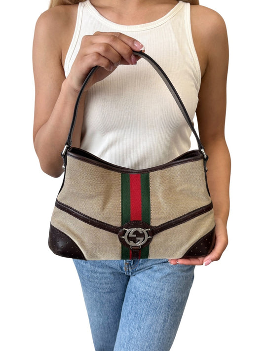 GUCCI Vintage GG Logo Interlocking Web Stripe Canvas Hobo Bag Brown 902209
