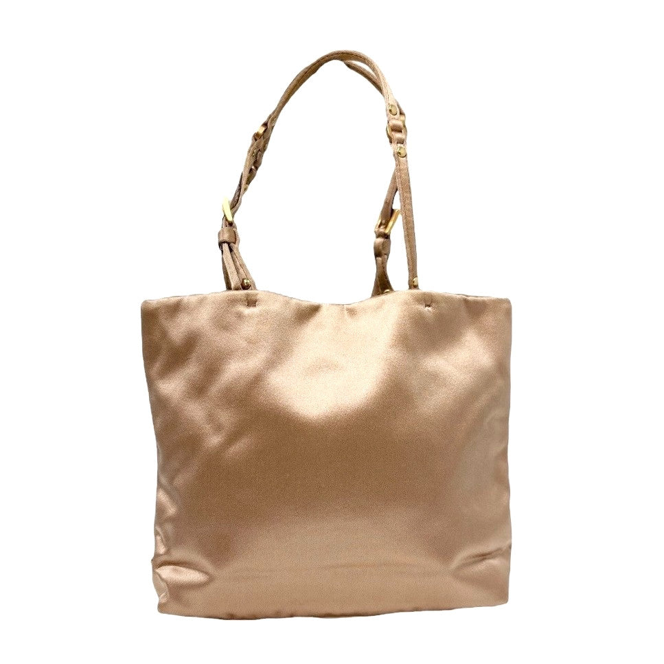 PRADA Vintage Triangle Logo Mini Tote Bag HandBag Pochette Beige Gold Satin