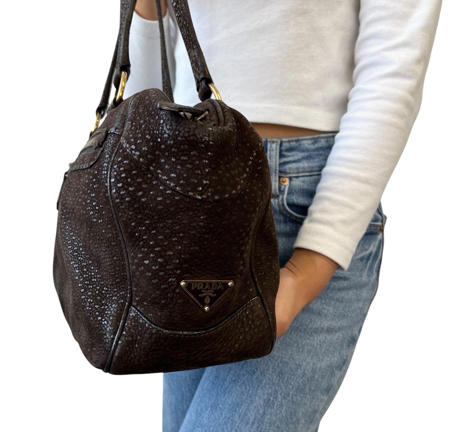 PRADA Vintage Logo Shoulder Bag Tote Bag Stitch Pocket Brown Gold Leather