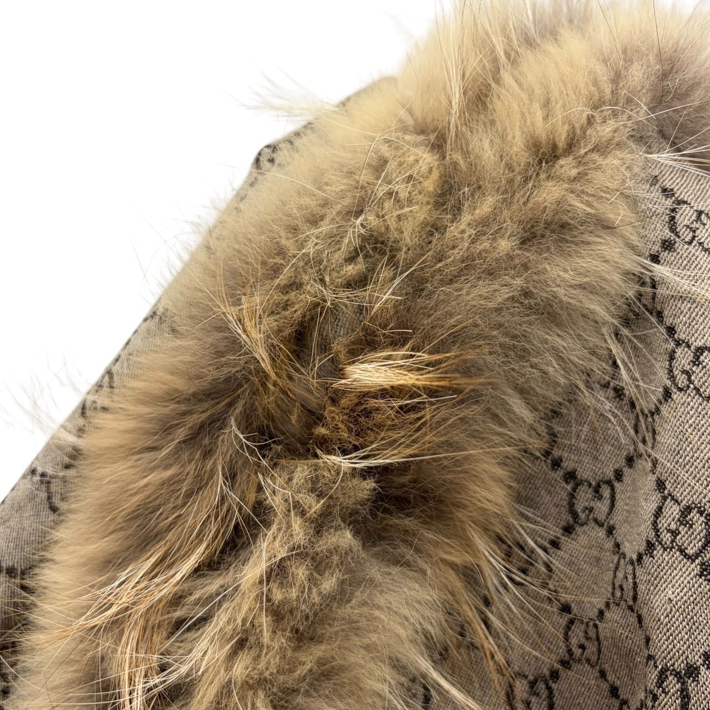 GUCCI Vintage GG Logo Monogram Fox Fur Shawl Scarf Wrap Gray Brown 902234