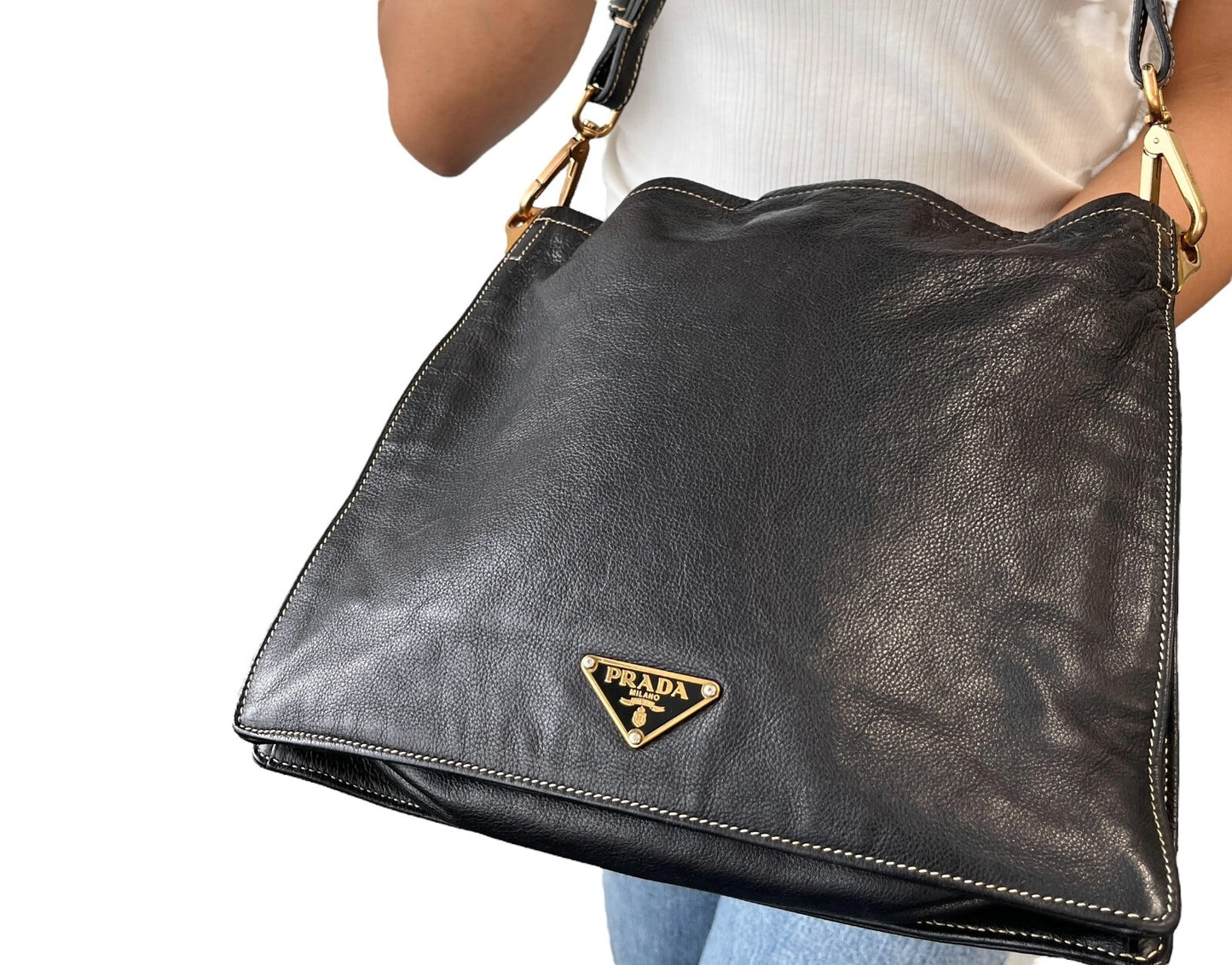 PRADA Vintage Logo Shoulder Bag Square Stitch Magnetic Black Gold Leather