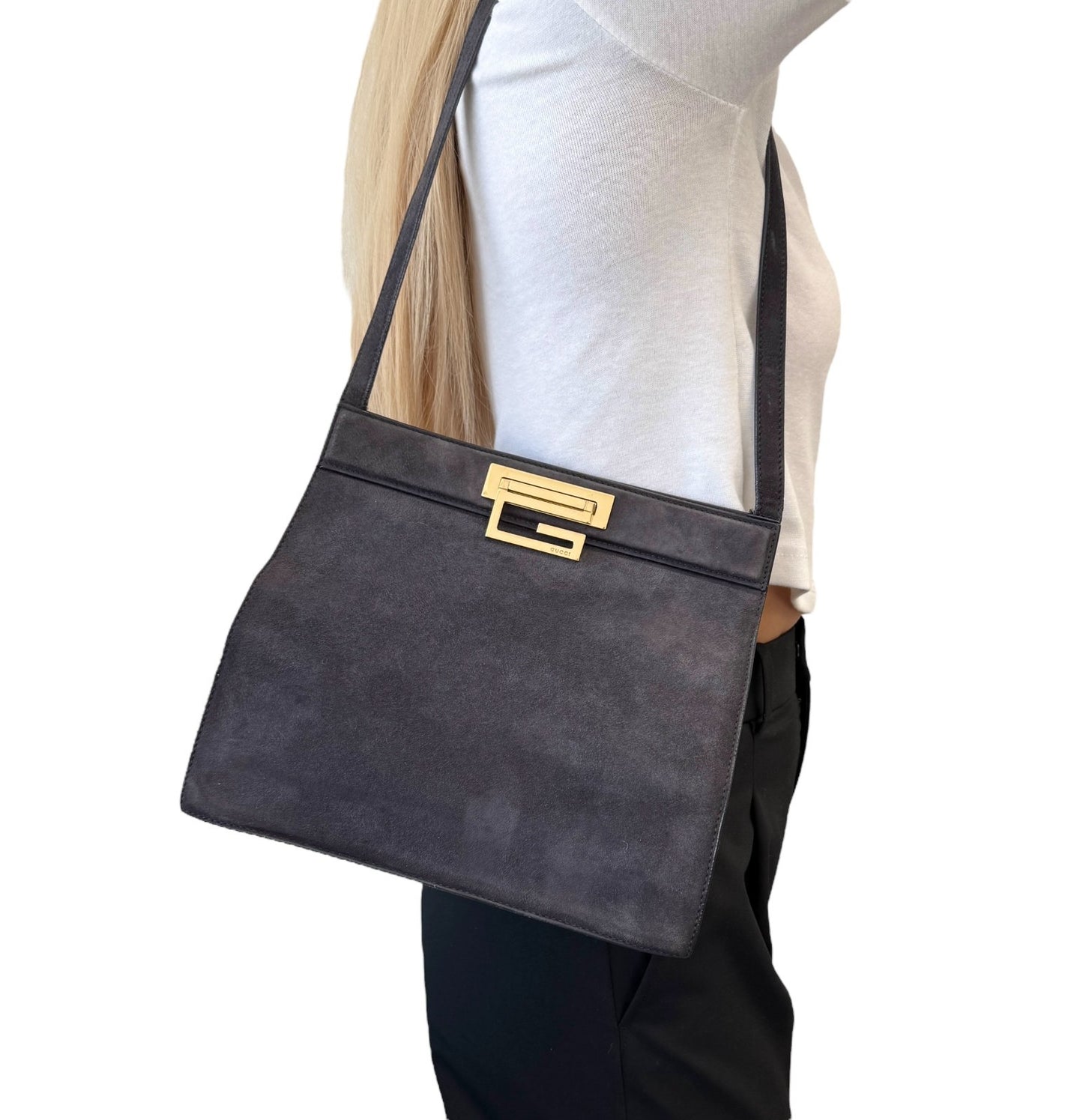 GUCCI Vintage G Square Logo Shoulder Bag Gray Gold Suede Leather 902248