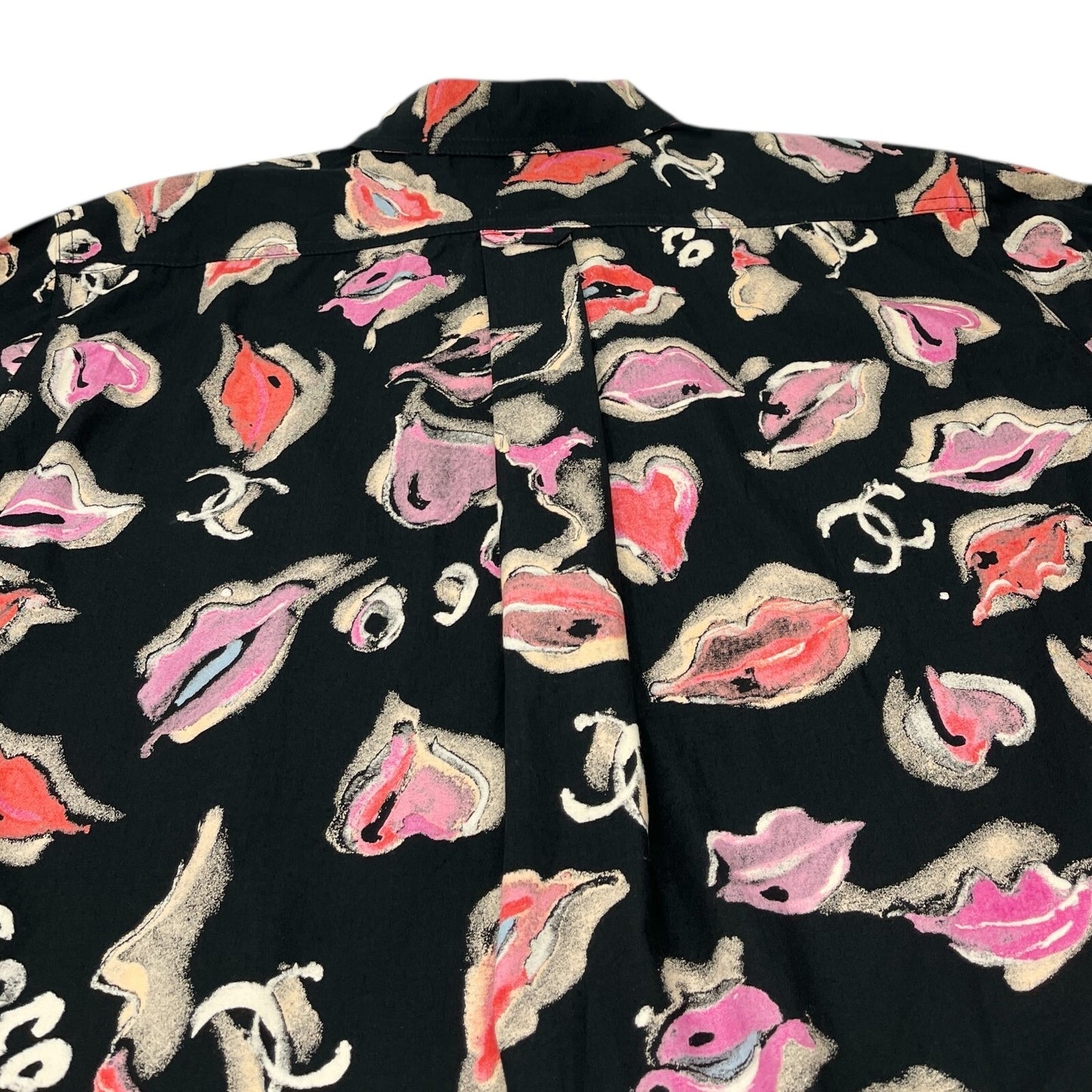 CHANEL Vintage 1995 CC Logo Lip Print Shirt Blouse Top Button Black Pink Cotton