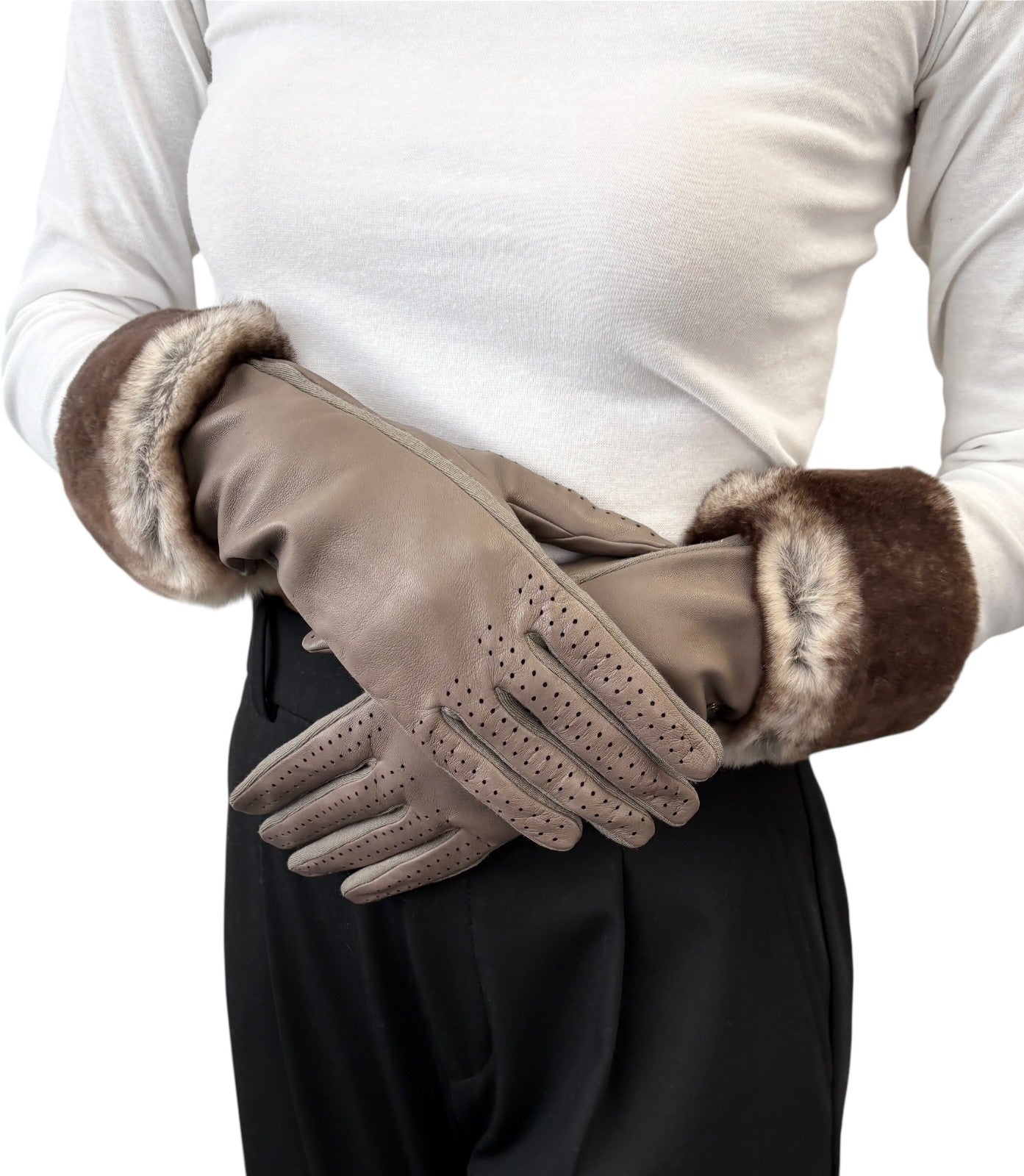 CHANEL Vintage CC Logo Lambskin Long Gloves Fur Trim #7.5 Gray Beige Perforated